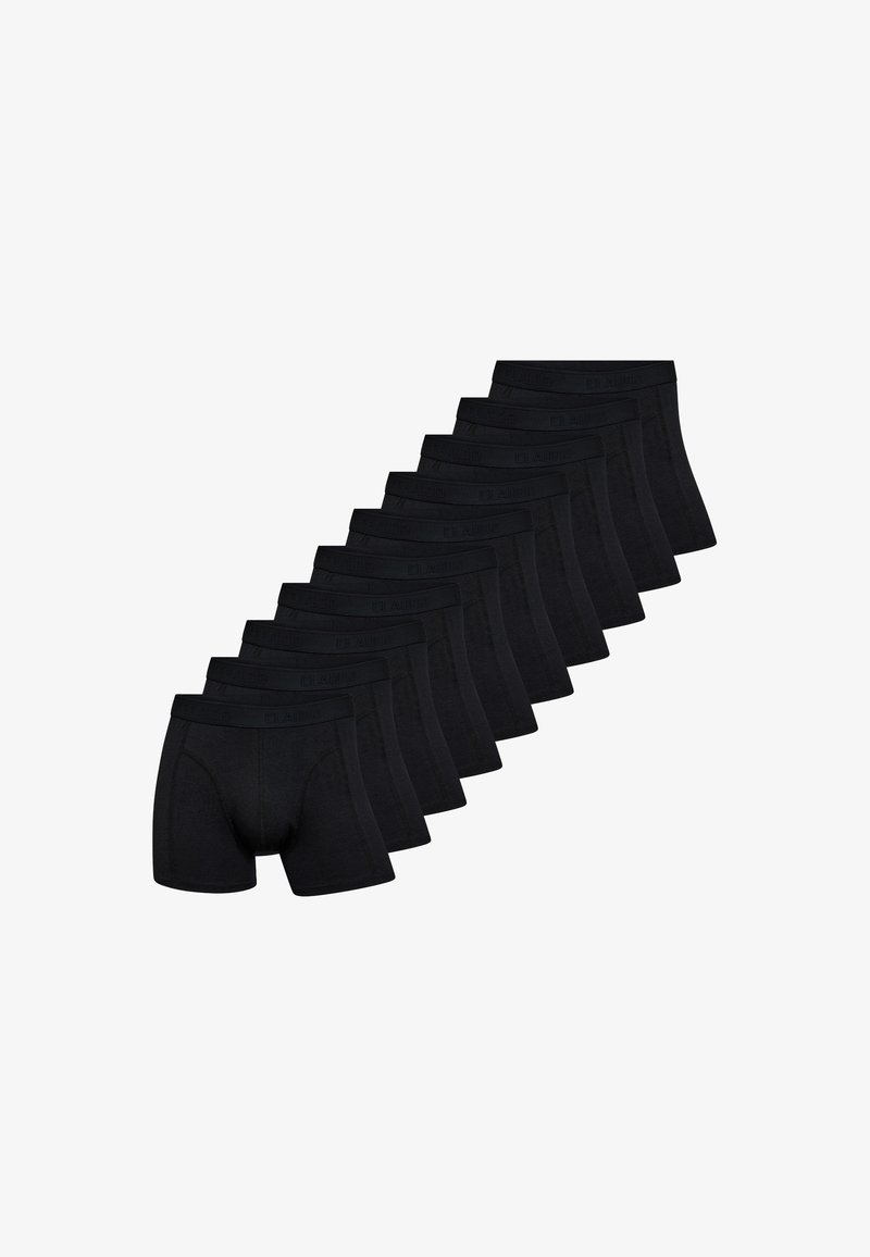 Sort bomulds-boxer shorts med en glat tekstur, strækbar talje og tætsiddende design. Ti stykker vist på række.