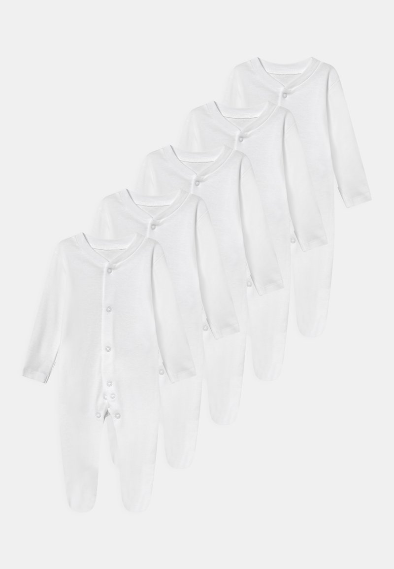 Cinco bodies de bebé de manga larga en color blanco, hechos de algodón suave, con cierres de botones en la parte delantera y diseño de pies cerrados.