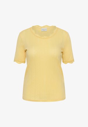 Haut pour femmes à manches courtes jaune avec un motif texturé subtil, bordure en dentelle festonnée au niveau de l'encolure et des extrémités des manches, silhouette ajustée.