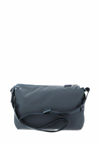 Dunkelblaue rechteckige Tasche mit strukturierter Oberfläche, Reißverschluss, verstellbarem Schultergurt und kleinem Akzentdetail an einer Seite.