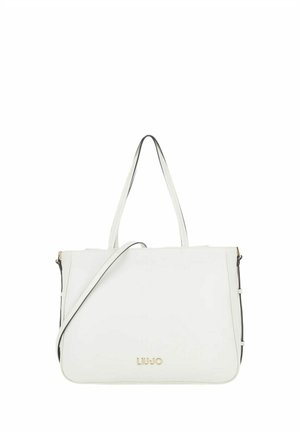 Borsa rettangolare bianca con doppi manici a spalla e tracolla a bandoliera, con piccolo logo "Liu Jo" dorato sul davanti.