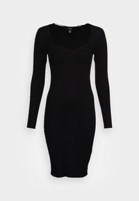 Abito nero a costine con maniche lunghe, scollatura a barchetta, silhouette aderente e lunghezza fino al ginocchio. Realizzato in materiale elasticizzato.
