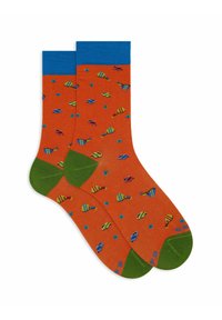 Calzini arancioni con un risvolto blu e con tacco e punta verdi. Decorati con piccoli pesci colorati e motivi astratti in tutto il calzino.