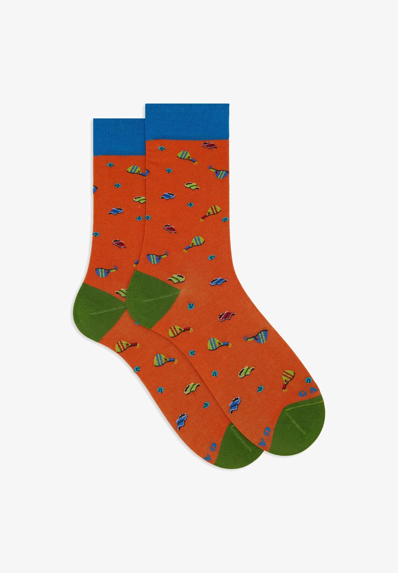 Orange socks featuring a blue ribbed cuff and green heel and toe. Decorated with small colorful fish and abstract patterns throughout.