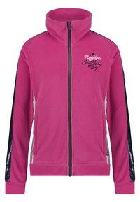 Bluza polarowa zapinana na zamek w jaskrawym różowym kolorze. Posiada wysoki kołnierz, czarne boczne panele oraz haftowane logo na piersi. Dwie boczne kieszenie.