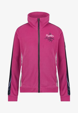 Fleece zip-up jacket in bright pink. Features a high collar, black side panels, and embroidered logo on the chest. Two side pockets.