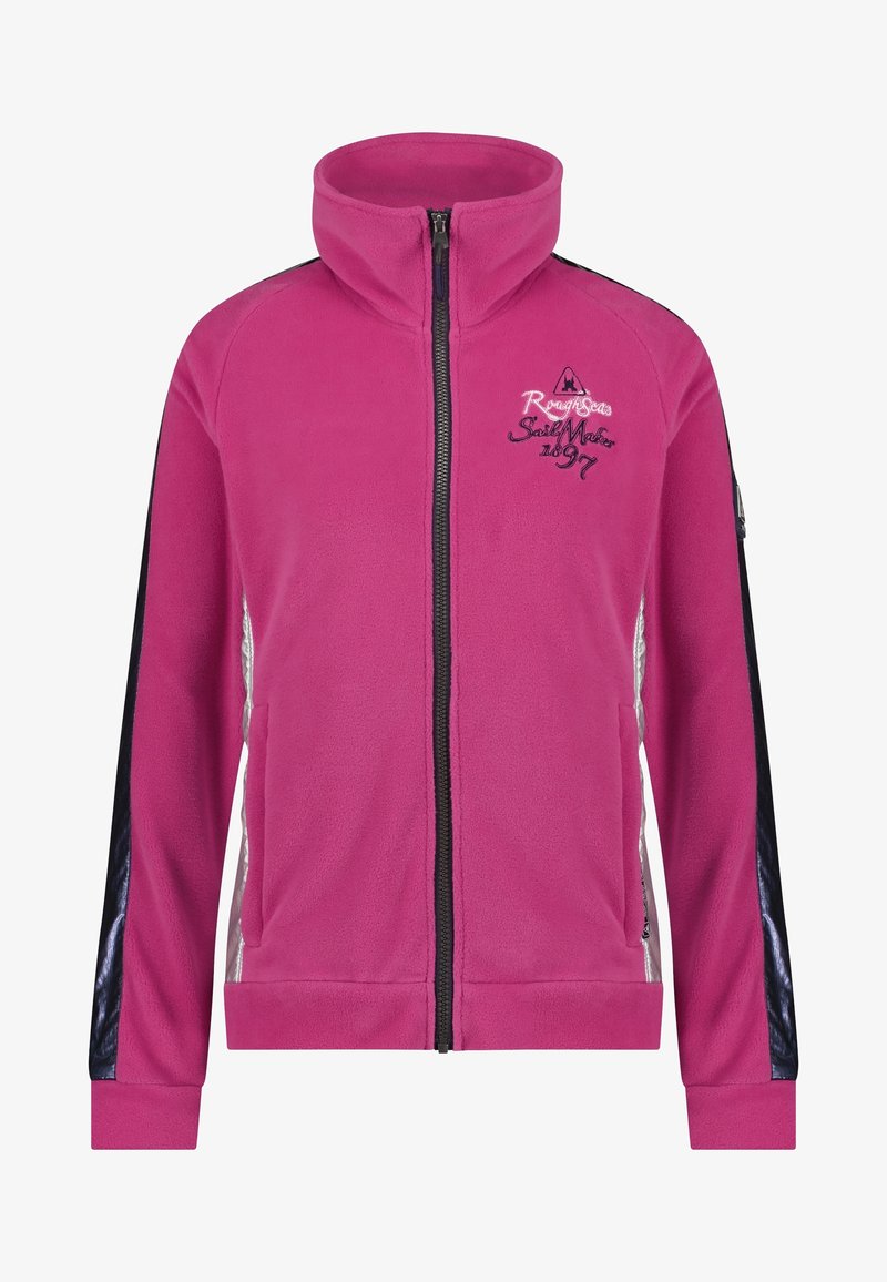 Fleecová bunda na zip v jasně růžové barvě. Má vysoký límec, černé boční panely a vyšitý nápis na hrudi. Dvě boční kapsy.