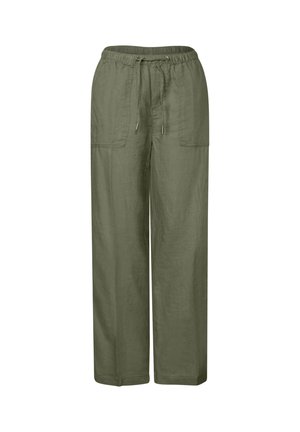 Pantalones de lino verde oliva con un corte holgado, cinturilla elástica, cordón y dos bolsillos laterales. Textura suave y diseño de pierna recta.