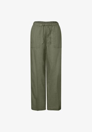 Olijfgroene linnen broek met een losse pasvorm, elastische tailleband, koord en twee zijzakken. Glad textuur en recht model.