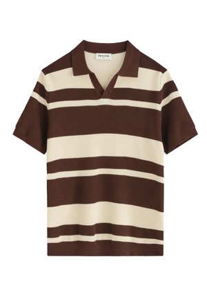 Polo en maille à manches courtes avec rayures horizontales marron et beige et col ouvert.