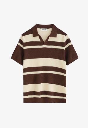 Polo en maille à manches courtes avec rayures horizontales marron et beige et col ouvert.