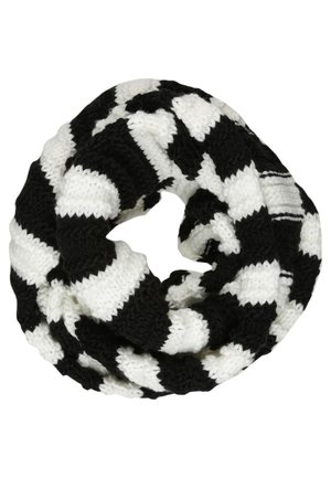 Écharpe infinity tricotée noir et blanc avec un motif à carreaux audacieux, présentée enroulée sur fond blanc.
