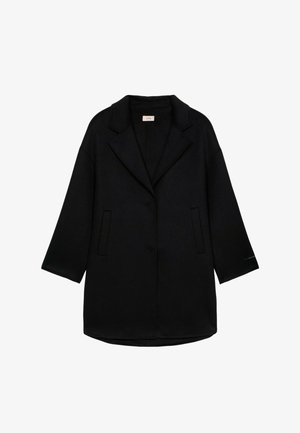 Sort oversized frakke med reverskrave, to sidelommer og trekvartærmer. Fremstillet af et tekstureret stof.