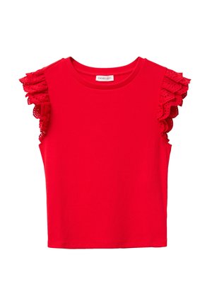 Red sleeveless top with round neck and ruffled eyelet lace detailing on the shoulders and sleeves.