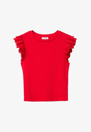 Top rojo sin mangas con cuello redondo y detalles de encaje ojales con volantes en los hombros y mangas.