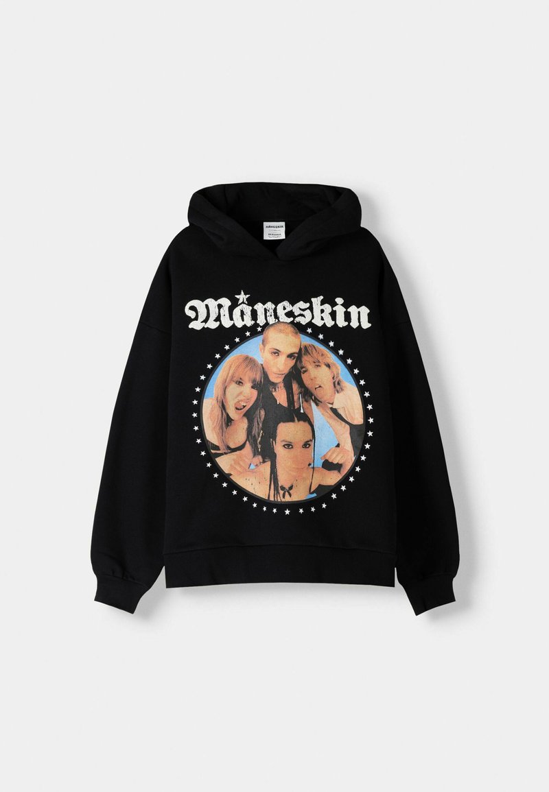 Felpa nera con cappuccio, caratterizzata da una grande grafica circolare che presenta quattro persone. Il testo recita "Måneskin". Materiale morbido, maniche lunghe e cappuccio regolabile con cordino.