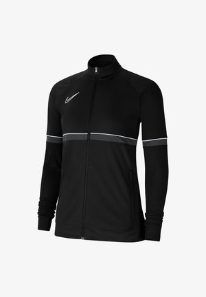 Veste de sport noire zippée intégralement avec une bande blanche et grise sur la poitrine et les manches, col montant et logo Nike Swoosh sur la poitrine.
