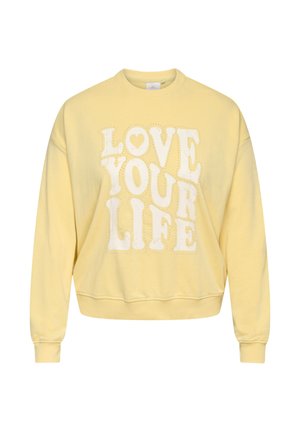 Hanorac galben deschis cu guler rotund, text alb îngroșat "LOVE YOUR LIFE" și o inimioară în interiorul literei O în partea din față.