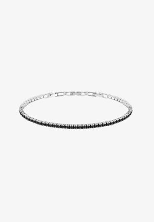 Bracciale in metallo argentato con pietre nere circolari incastonate in un design a catena. Presenta una finitura liscia e lucida e una chiusura sicura.