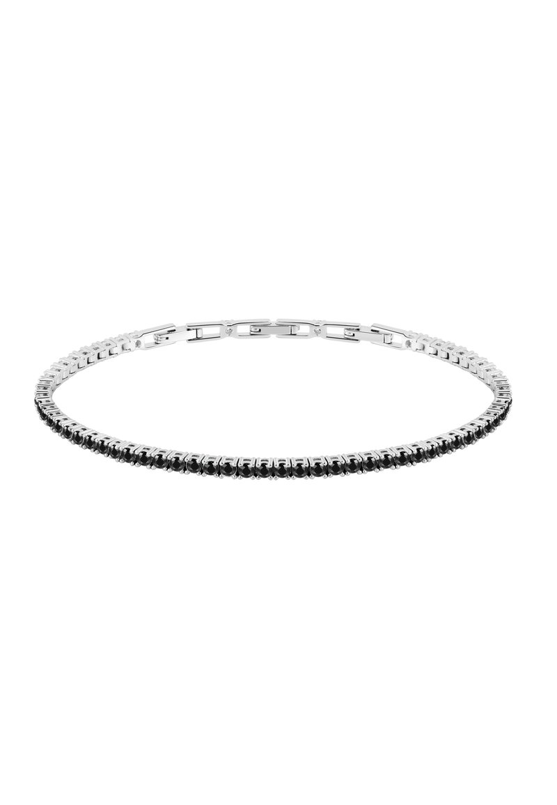 Bracciale in metallo argentato con pietre nere circolari incastonate in un design a catena. Presenta una finitura liscia e lucida e una chiusura sicura.