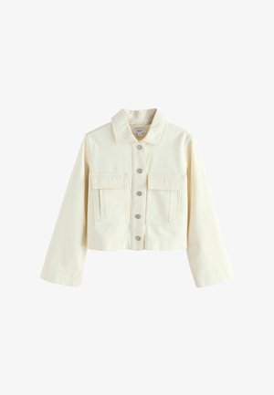 Kremine spalvos trumpas švarkelis ilgomis rankovėmis, priekyje užsegamas mygtukais, dvi didelės kišenės su atvartais ir apykaklė.