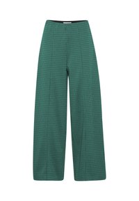 Pantaloni larghi verdi con un motivo a scacchi testurizzato, vita alta e una cintura liscia. Il tessuto sembra leggero e traspirante.