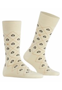 Beige Baumwollsocken mit einem Kameramuster, Rautenmuster und kontrastierendem orangefarbenem Stich. Das Design enthält kleine, gedruckte Kamera-Symbole.