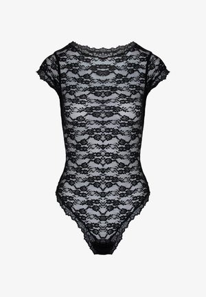 Black lace bodysuit with short sleeves, floral pattern, and scalloped edges, designed as a fitted, sheer garment.