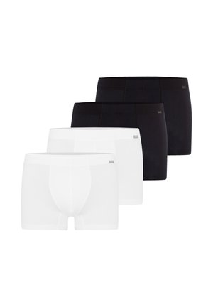 Fire mænds boxer briefs i sort og hvid, vist i skiftende farver, stablet diagonalt fra forside til bagside.