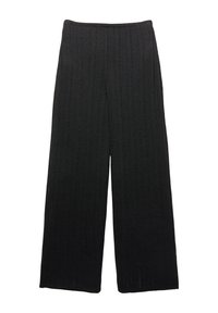 Pantaloni neri a gamba larga, texture a coste, vita elastica, taglio dritto, tessuto leggero, adatti per un abbigliamento casual o formale.