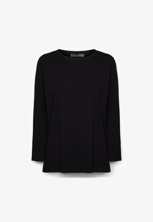 Schwarzes langärmliges Strickoberteil mit Rundhalsausschnitt und subtilen vertikalen Nahtdetails, auf einem weißen Hintergrund präsentiert.