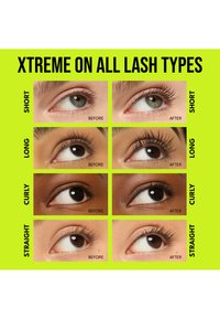 Wyniki produktu poprawiającego rzęsy zaprezentowane dla krótkich, długich, kręconych i prostych rzęs; zestawione wizualizacje przed i po na jasnym zielonym tle.