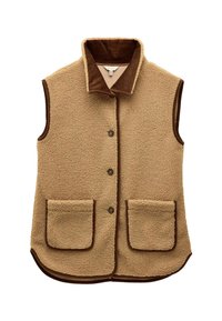 Beige Fleece-Weste mit einem braunen Cordkragen, fünf Kn�öpfen und zweiFronttaschen. Abgerundeter Saum, strukturierter Stoff und kontrastierende Verzierungen.