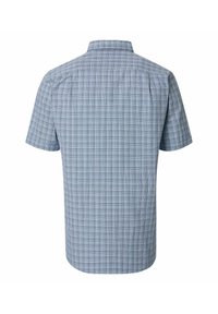Korte mouwen shirt in lichtblauw, met een geruit patroon in verschillende tinten blauw en groen. Gestructureerde kraag en rugplooien.