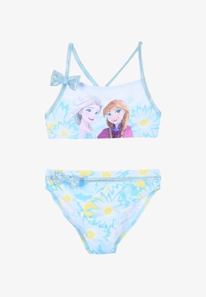 Two-piece swimsuit featuring a light blue color with a floral pattern, a bow accent on the top and bottom, and character graphics.