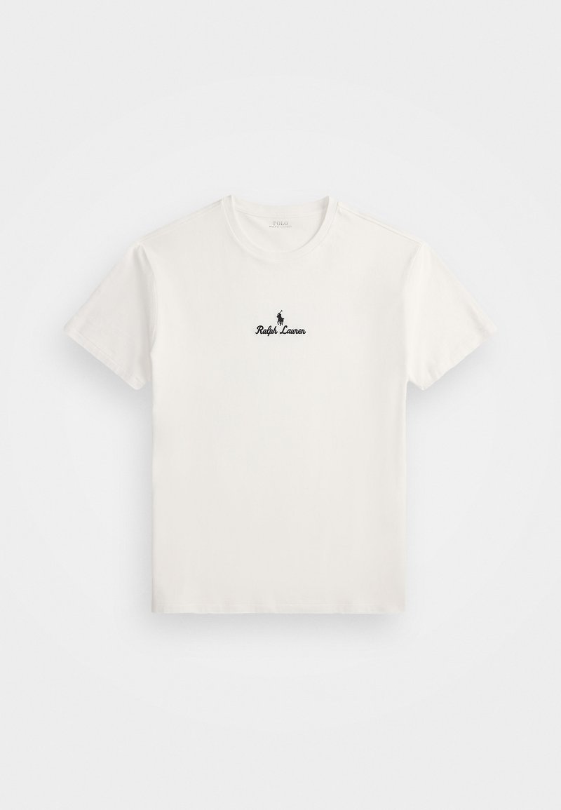 Camiseta blanca de algodón con un logo bordado en negro de un jugador de polo y el texto "Ralph Lauren" en el pecho. Mangas cortas, cuello redondo.