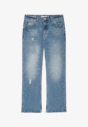 Lichtblauwe rechte spijkerbroek met versleten details en vervaging, voorzien van voorzakken en een knoopsluiting.