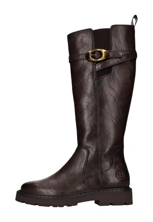 Dunkelbrauner kniehoher Lederstiefel mit klobiger Sohle, seitlichem elastischem Einsatz und dekorativem goldfarbenem Schnallenriemen am oberen Schaft.