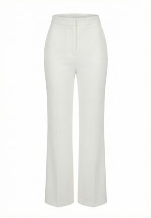 Pantaloni bianchi a vita alta, su misura, con cerniera frontale, gambe dritte e larghe e un design pulito e minimalista.