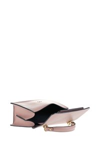 Borsa a mano in pelle rosa con un design strutturato. Presenta un accentuazione in metallo dorato e un interno a due scomparti, con una texture liscia e una tracolla.