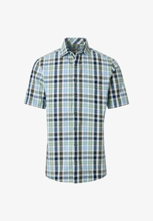 Kurzärmeliges Hemd mit Knopfleiste, kariert in Grün, Blau, Schwarz und Weiß, mit spitzem Kragen.