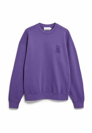 Purple crewneck sweatshirt with long sleeves and a small embroidered logo on the left chest, displayed on a white background.