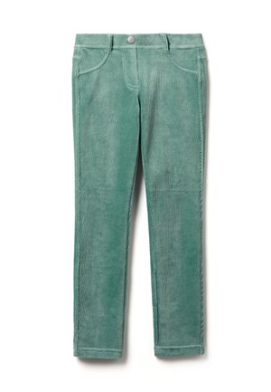Grüne Cordhosen mit taillierter Passform, fünf Taschen und einem einzelnen Knopfverschluss an der Taille. Glatte Textur und schmale Beine.