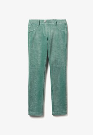 Zelené kordové kalhoty s přiléhavým střihem, pěti kapsami a jedním knoflíkem na zapínání v pase. Hladká textura a úzké nohavice.