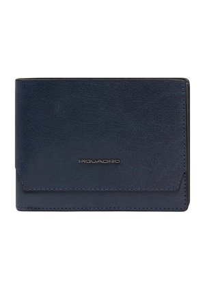 Marineblauwe leren portemonnee met subtiele textuur, gestikte randen en klein metalen "Piquadro" logo centraal aan de voorkant.