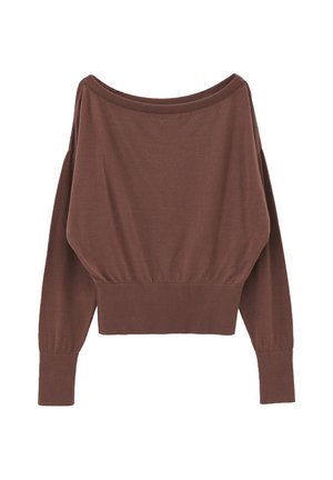 Brauner Pullover mit Carmenausschnitt, langen Ärmeln und geripptem Saum, mit weicher Textur und lockerer Passform.