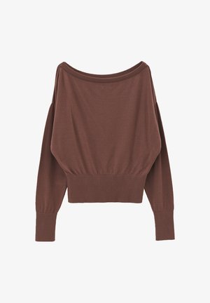 Brauner Pullover mit Carmenausschnitt, langen Ärmeln und geripptem Saum, mit weicher Textur und lockerer Passform.