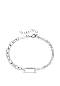 Silver bracelet with a chain link design, featuring a rectangular charm. Textured links vary in size, with a clasp closure and extension chain.