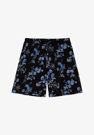 Black shorts featuring a floral pattern with large blue roses and green leaves, made from lightweight fabric, with an adjustable waistband.