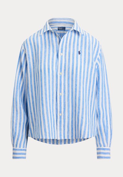 Λινό πουκάμισο με μπλε και λευκές ρίγες, γιακά με κουμπιά, μακριά μανίκια και μικρό κεντητό λογότυπο στο στήθος.